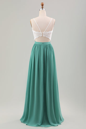 Eukalyptus Åpne tilbake Boho Chiffon Long brudepike kjole med blonder